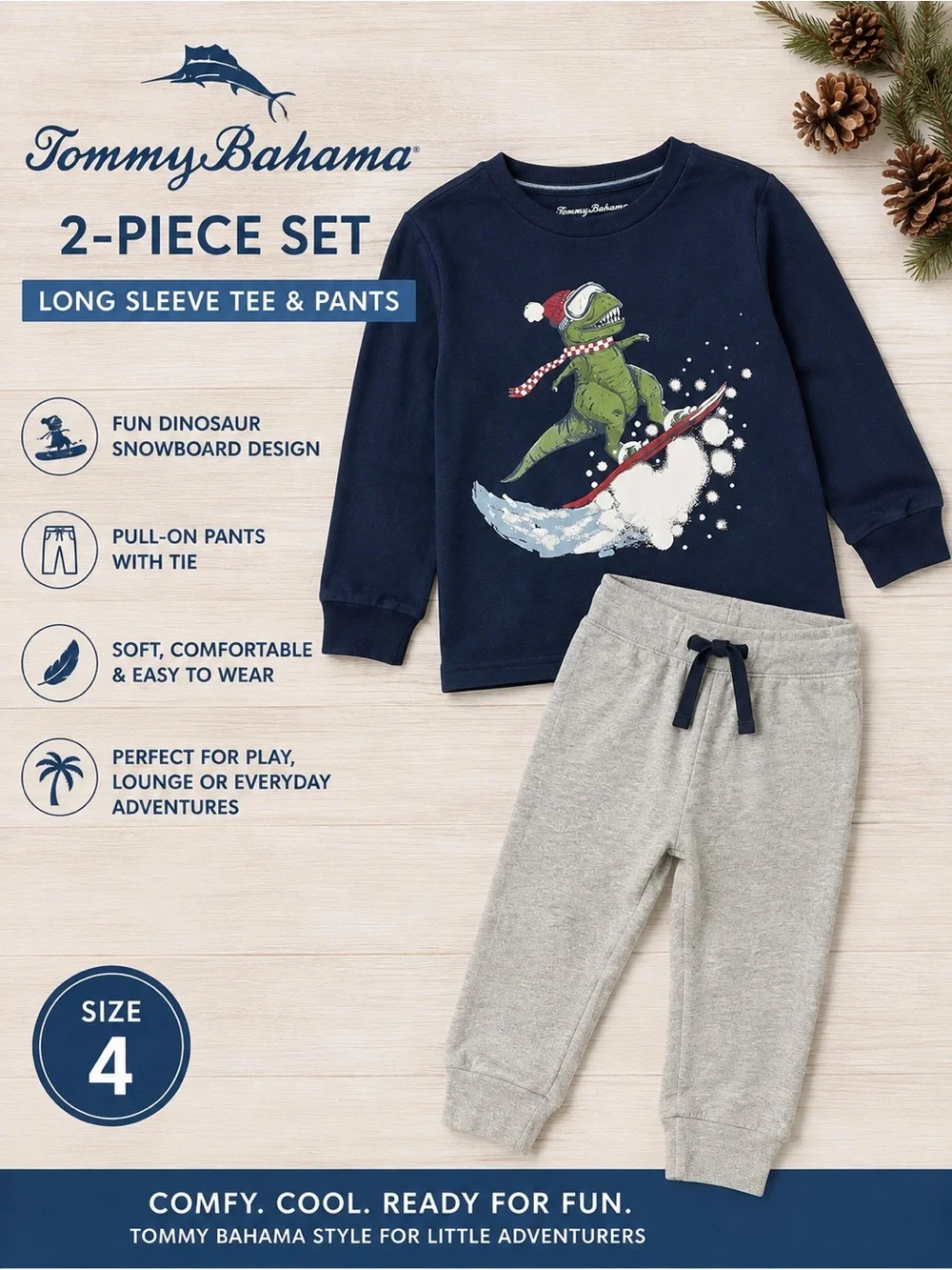 Tommy Bahama Navy Dino Snowboard Pajama Set with Gray Pants